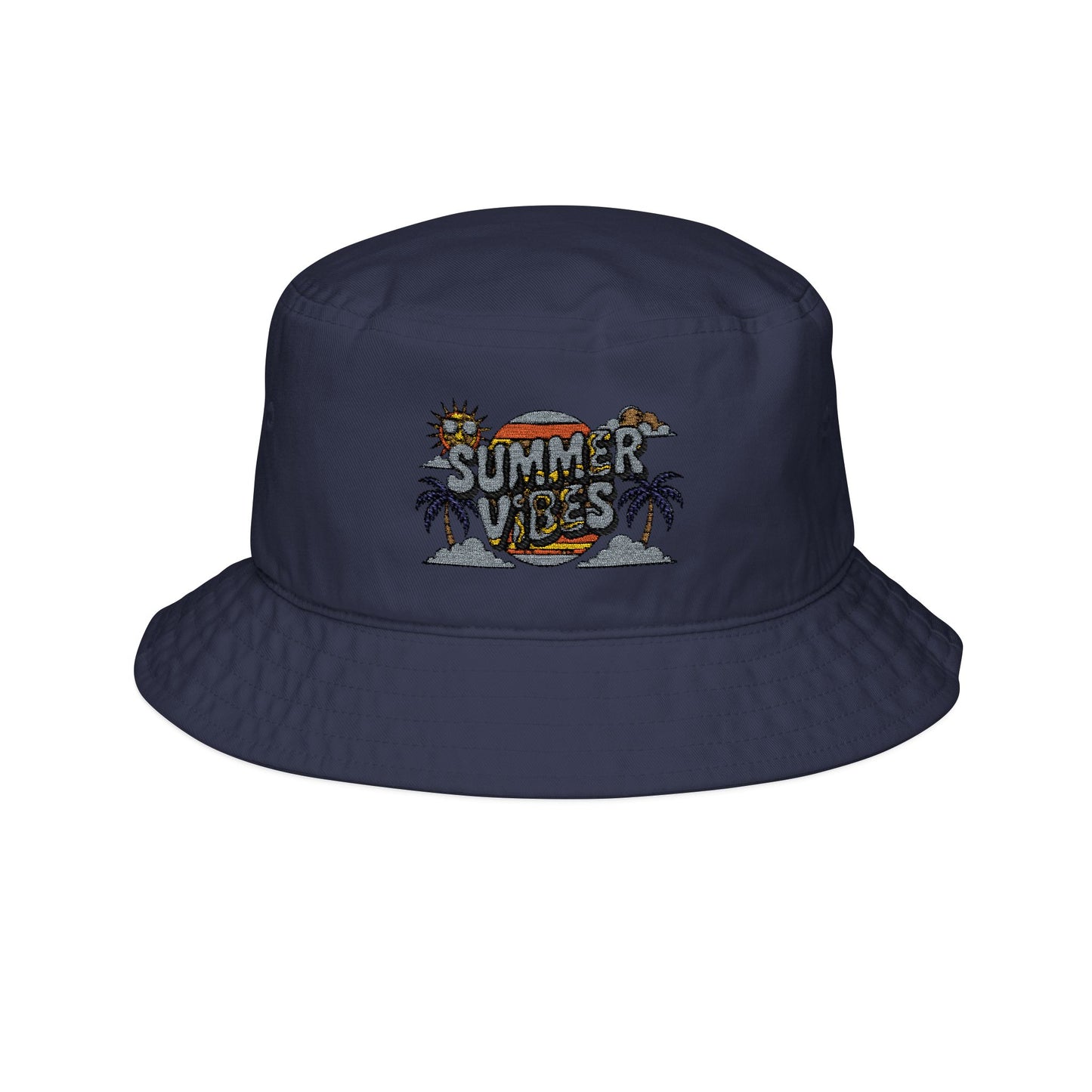 Summer Vibes Bucket Hat, Embroidered Sun and Palm Trees, Beach Hat for Vacation, Gift for Music Festival, Trendy Summer Accessory