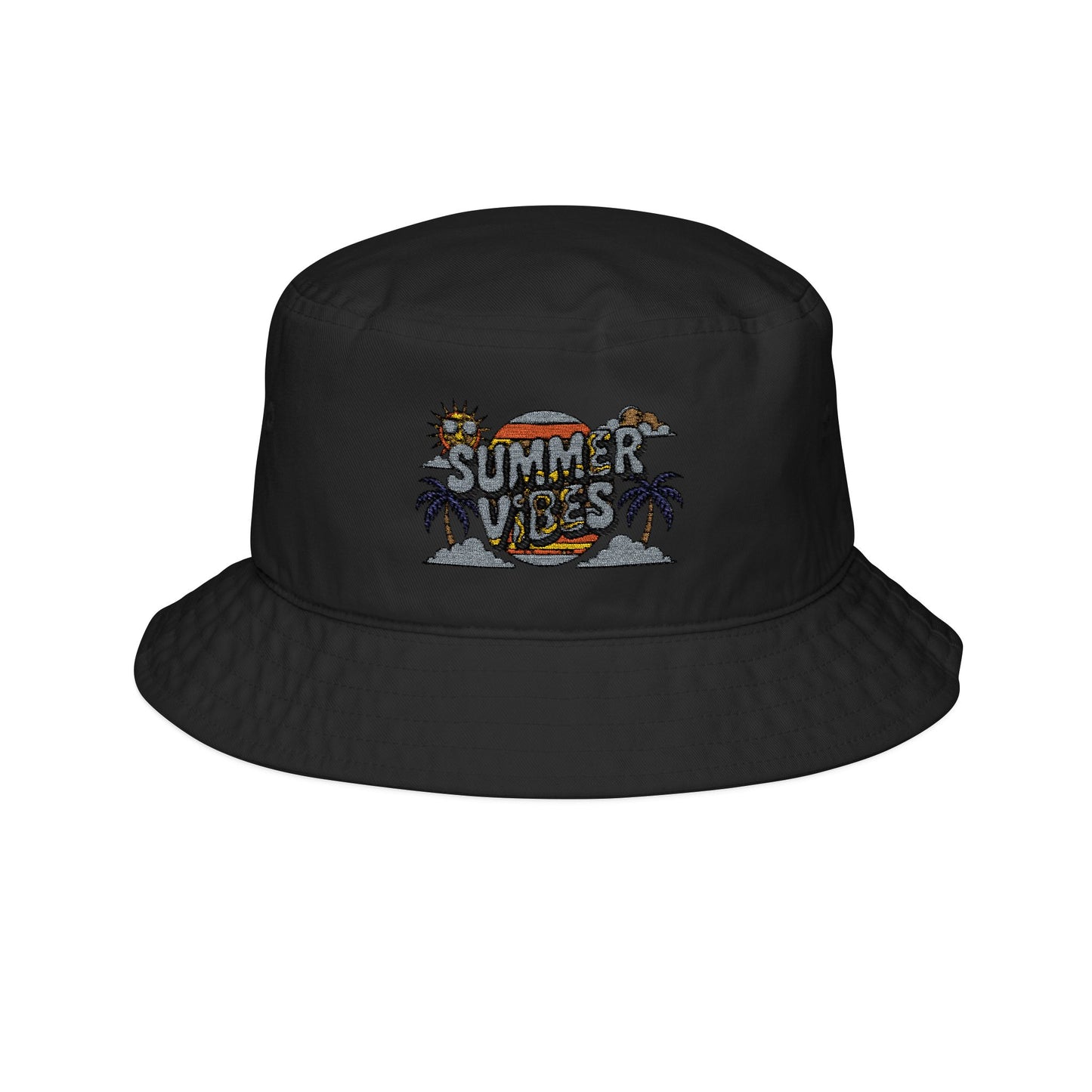 Summer Vibes Bucket Hat, Embroidered Sun and Palm Trees, Beach Hat for Vacation, Gift for Music Festival, Trendy Summer Accessory