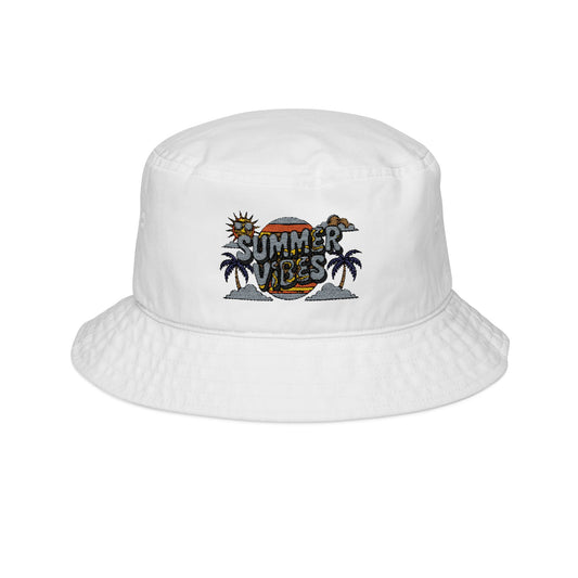 Summer Vibes Bucket Hat, Embroidered Sun and Palm Trees, Beach Hat for Vacation, Gift for Music Festival, Trendy Summer Accessory